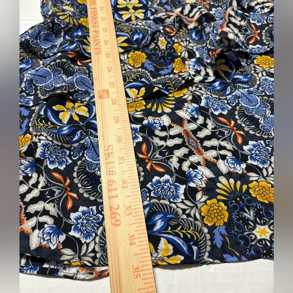 LOFT Long Sleeve Ruffled Drop Wsist Shift Dress. Navy with Yellow Floral Print - Picture 11 of 14